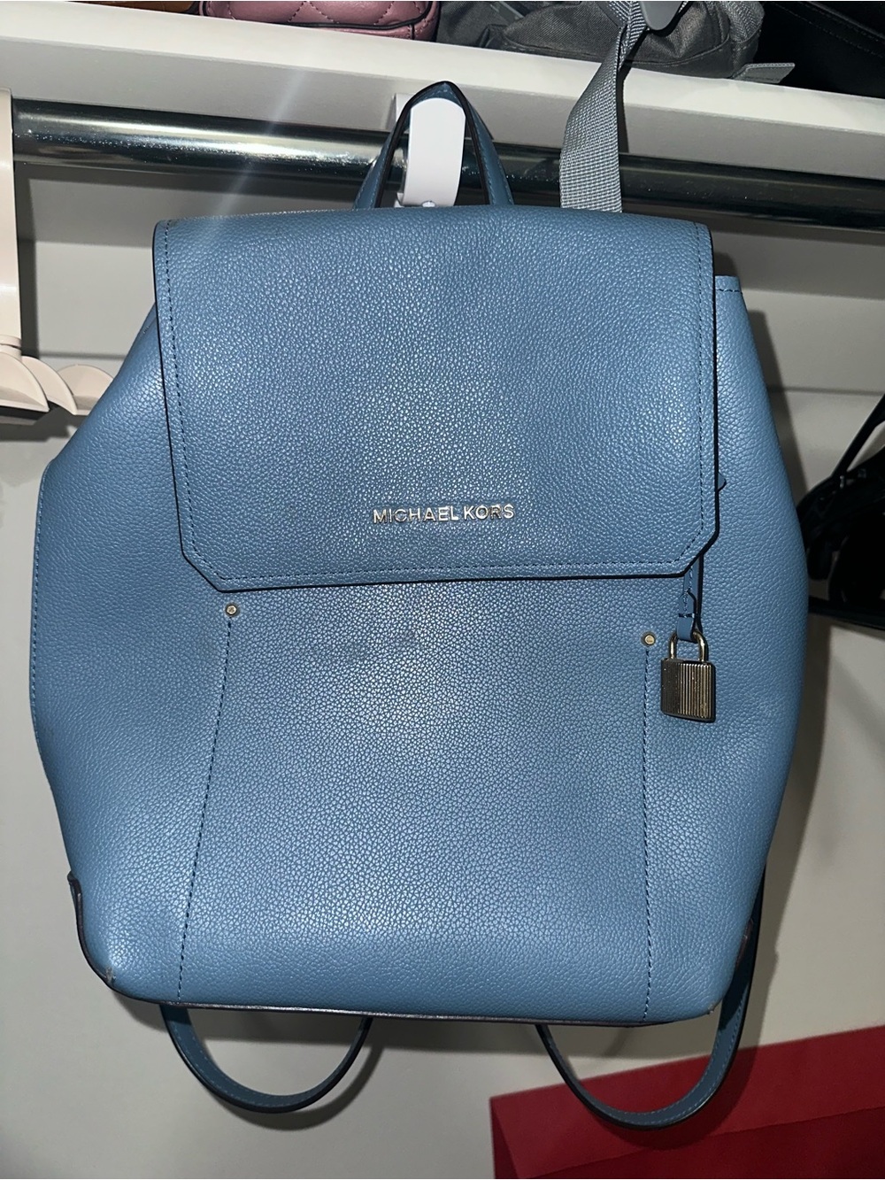 Michael Kors Sky Blue Pebbled Leather Backpack with Lock Charm